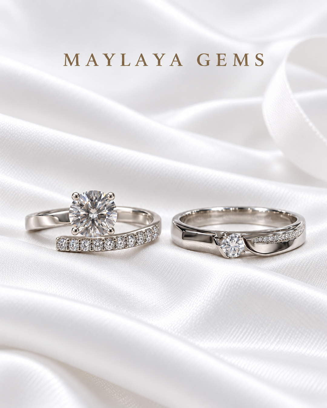 Maylaya Gems MG-CR-31 — white wedding couple-ring presentation