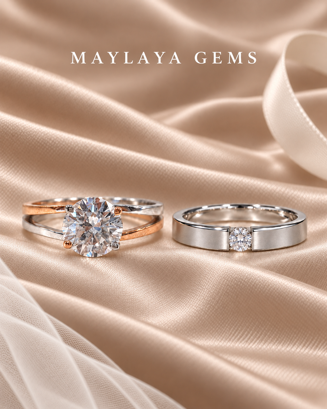 Maylaya Gems MG-CR-32 couple rings on light-brown bridal satin with white logo