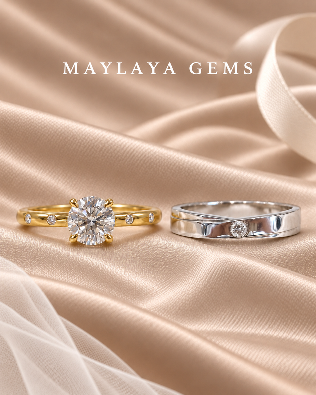 Maylaya Gems MG-CR-33 couple rings on light-brown bridal satin with white logo