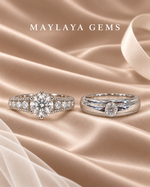 Load image into Gallery viewer, Maylaya Gems MG-CR-34 couple rings on light-brown bridal satin with white logo

