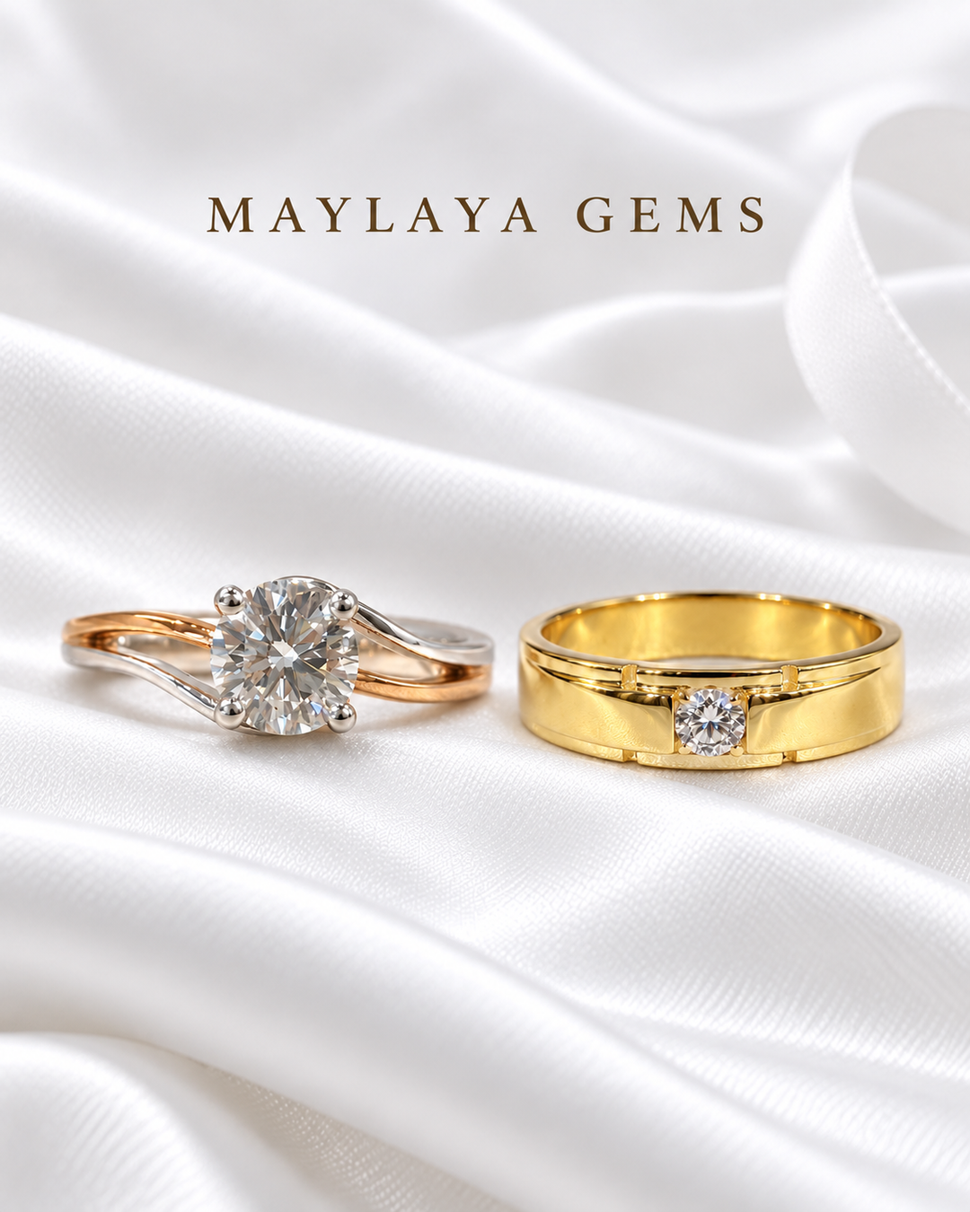 Maylaya Gems MG-CR-35 — white wedding couple-ring presentation
