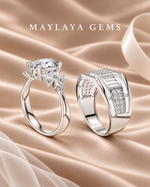 Load image into Gallery viewer, Maylaya Gems MG-PO-01 couple rings on light-brown bridal satin with white logo
