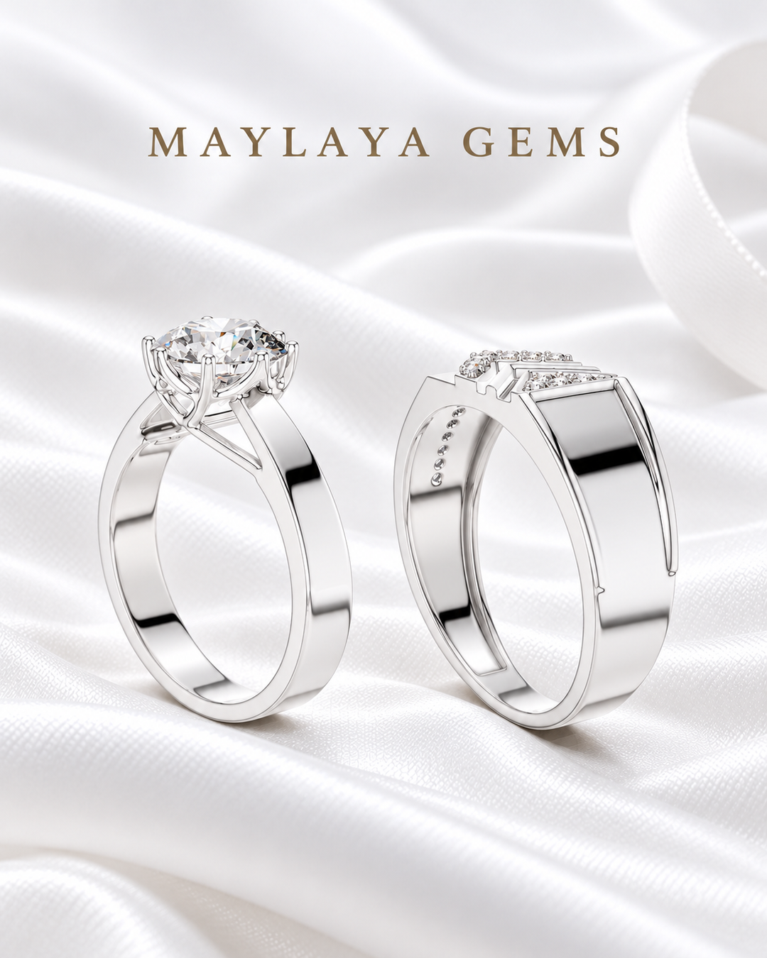 Maylaya Gems MG-PO-02 — white wedding couple-ring presentation