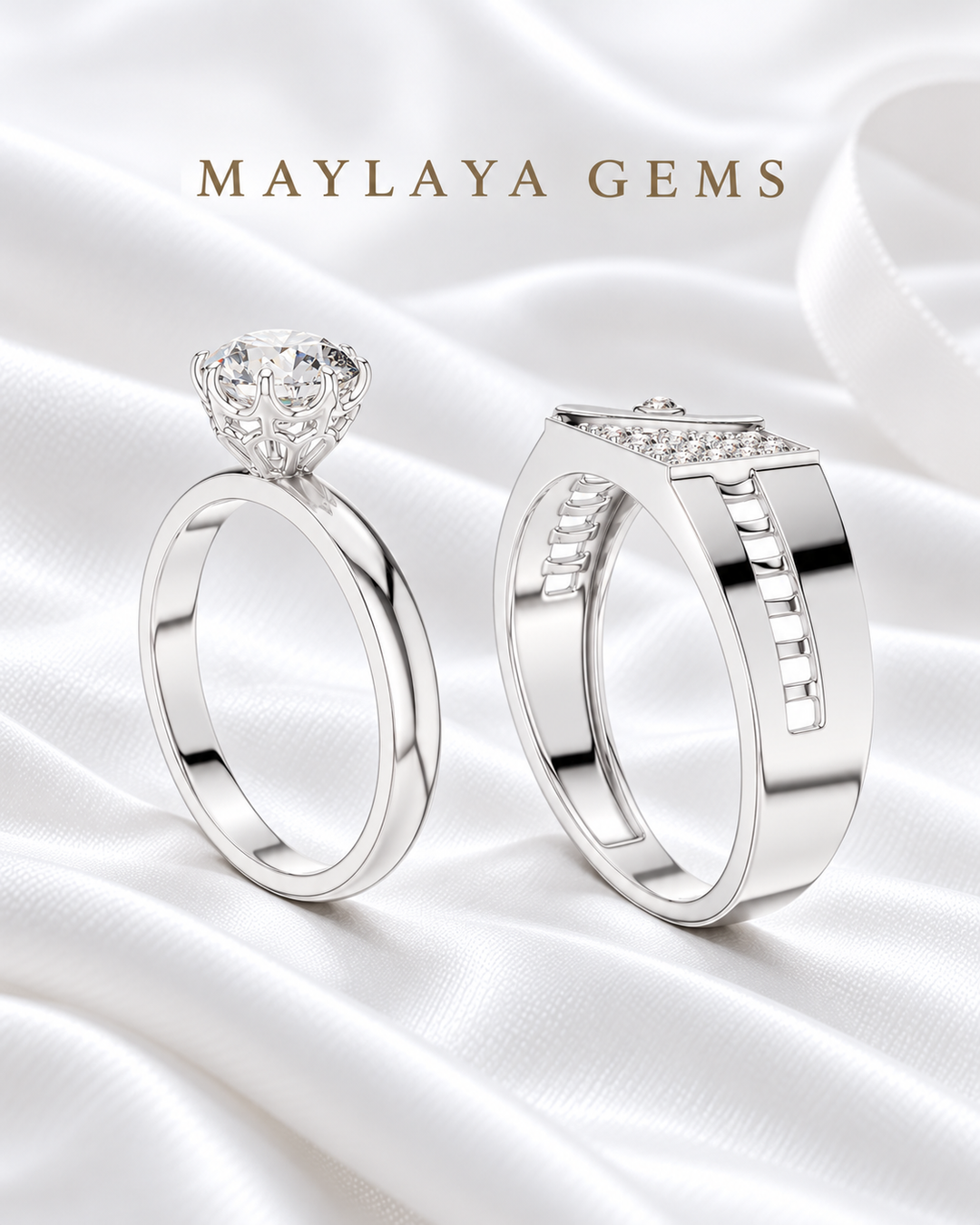 Maylaya Gems MG-PO-03 — white wedding couple-ring presentation