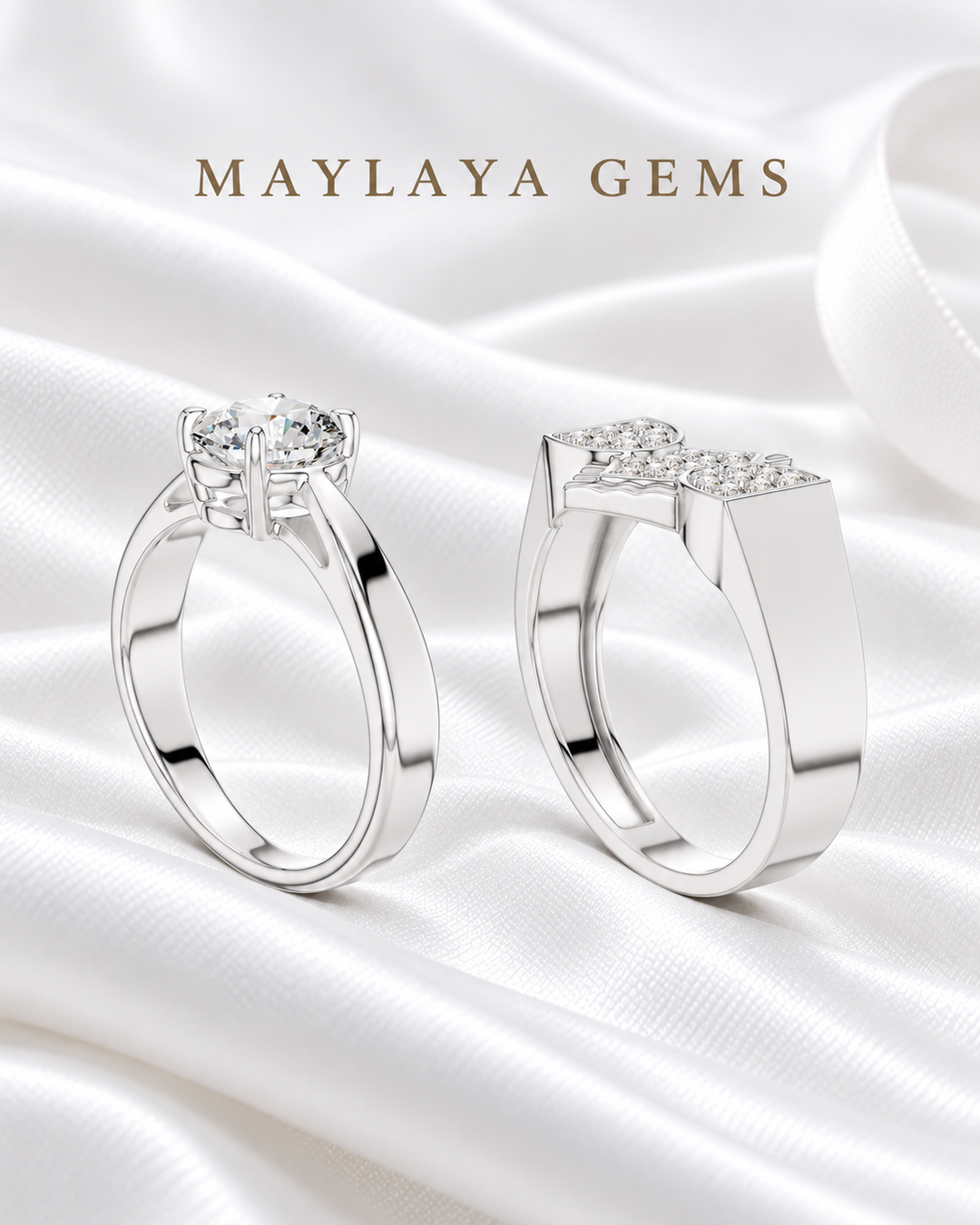 Maylaya Gems MG-PO-04 — white wedding couple-ring presentation