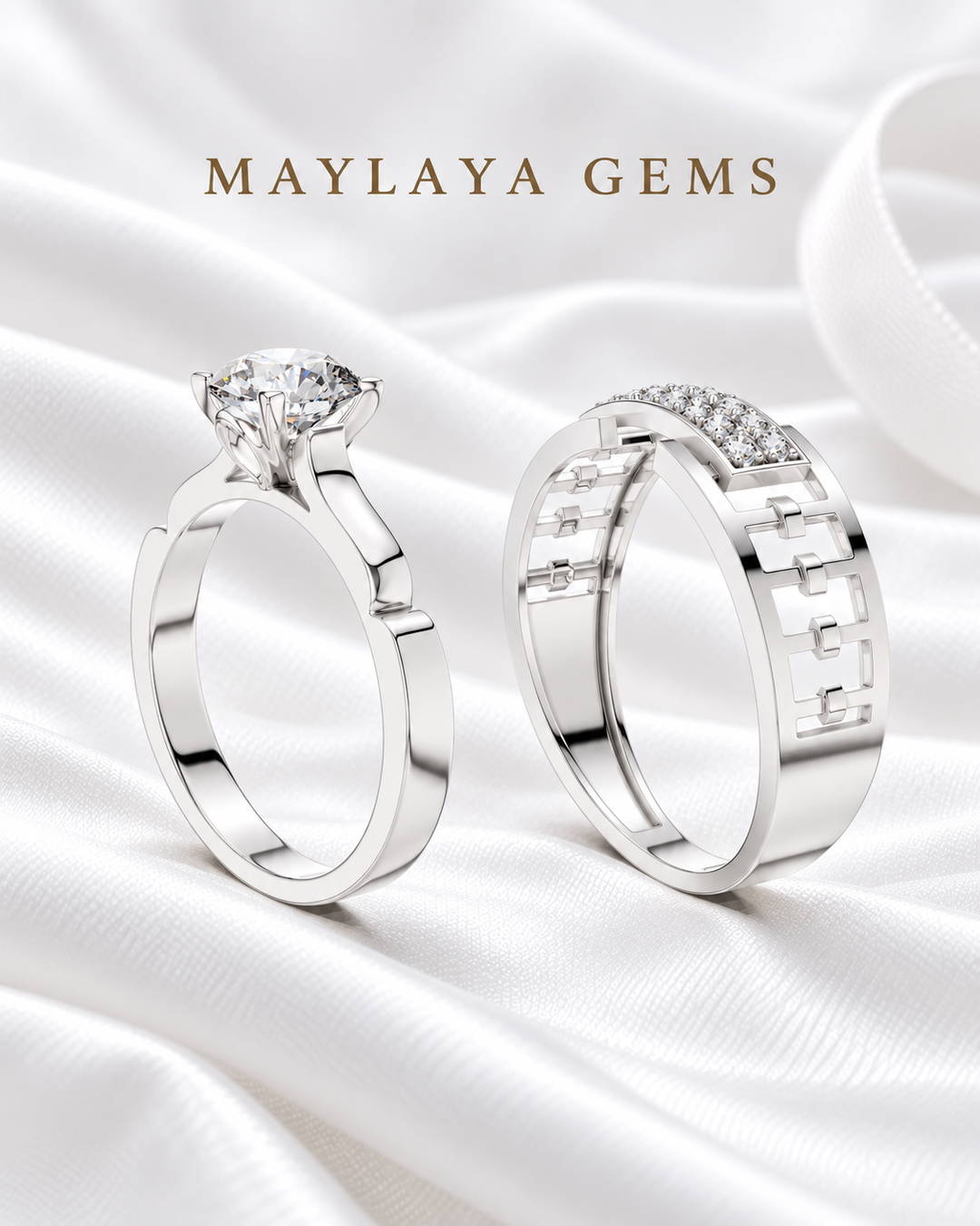 Maylaya Gems MG-PO-08 — white wedding couple-ring presentation