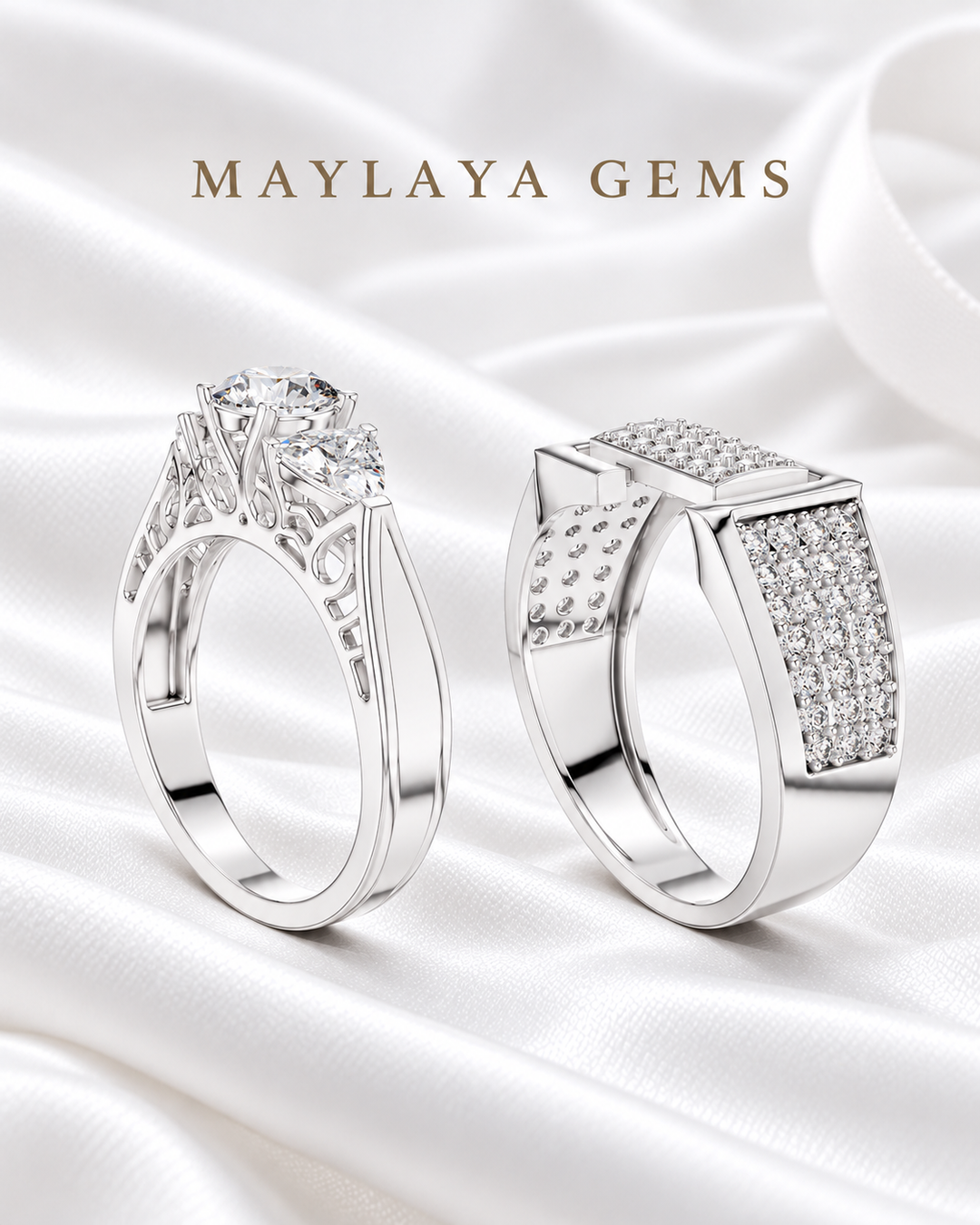 Maylaya Gems MG-PO-09 — white wedding couple-ring presentation