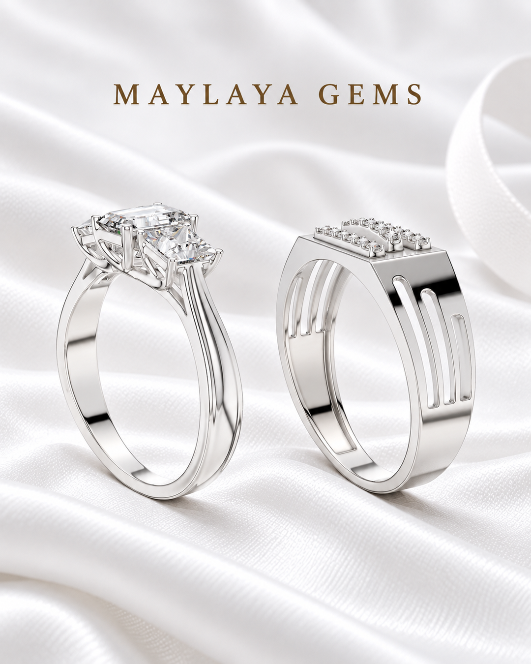 Maylaya Gems MG-PO-13 — white wedding couple-ring presentation