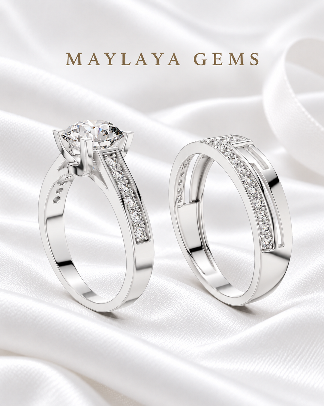 Maylaya Gems MG-PO-14 — white wedding couple-ring presentation