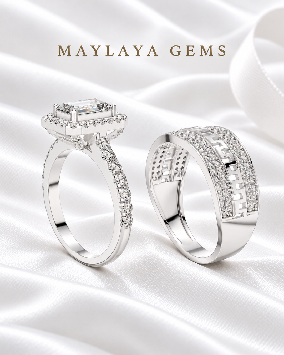 Maylaya Gems MG-PO-18 — white wedding couple-ring presentation
