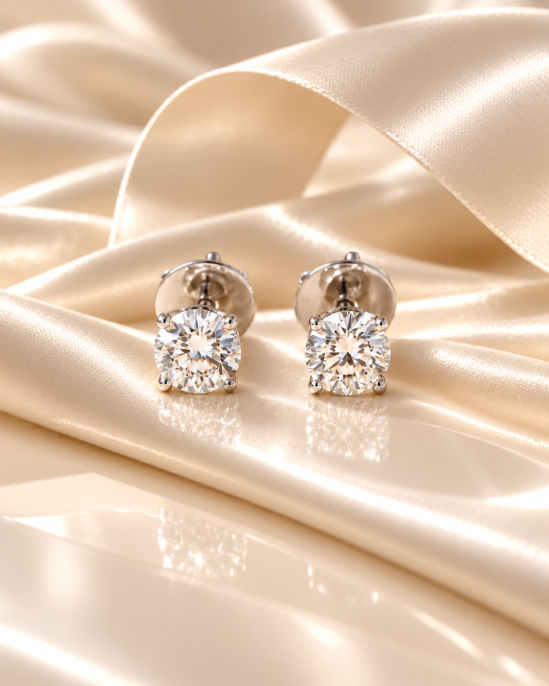 Round diamond stud earrings on ivory silk