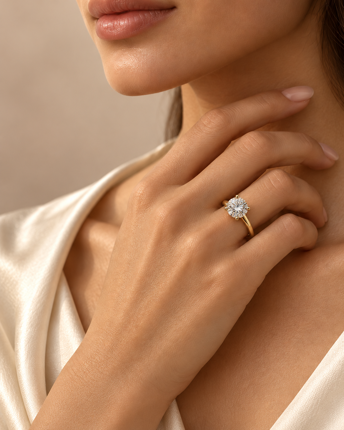 Round brilliant diamond solitaire in yellow gold, worn on a model