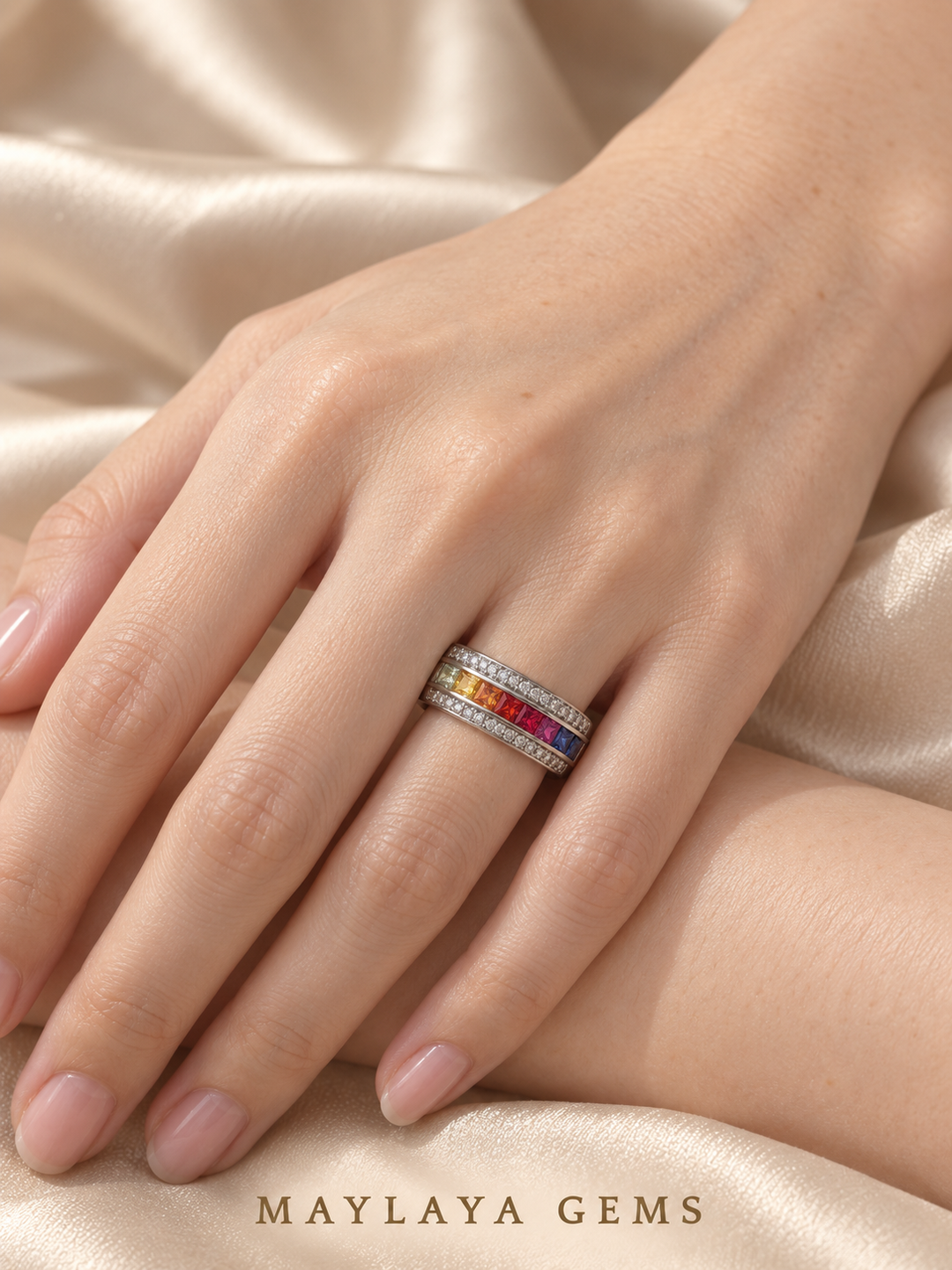 Maylaya Gems E001 ring on a female model hand