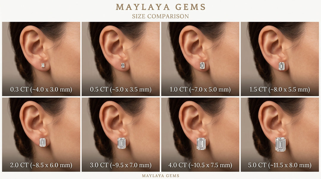 Maylaya Gems emerald diamond earring size reference — carat weight per stone and approximate millimetre dimensions, not total pair weight.