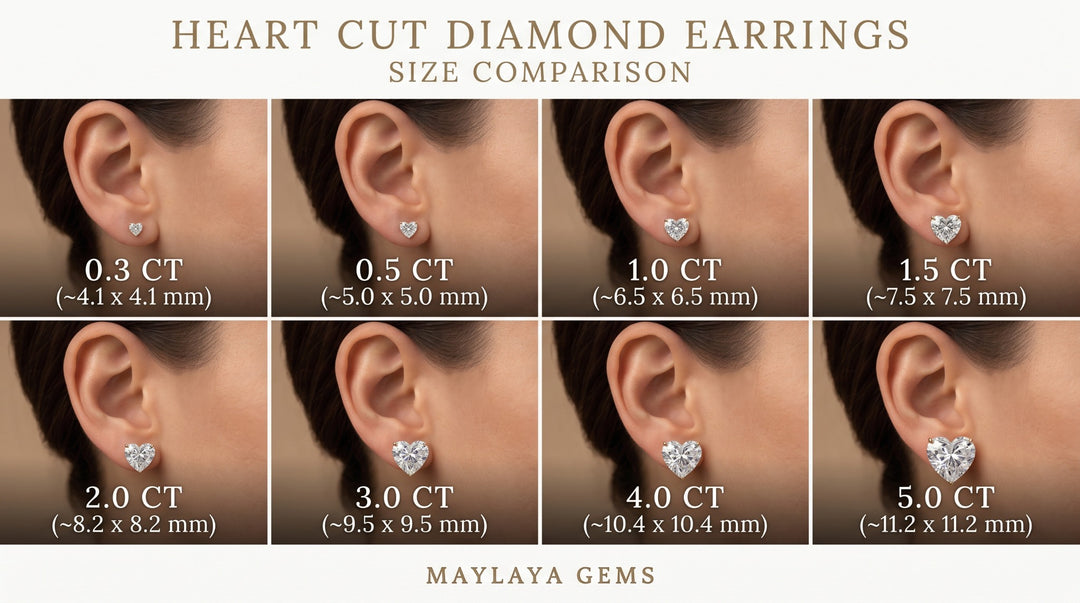 Maylaya Gems heart diamond earring size reference — carat weight per stone and approximate millimetre dimensions, not total pair weight.