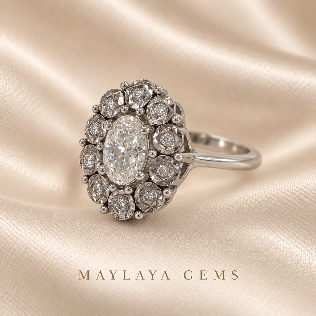 Maylaya Gems M060 oval diamond halo ring — three-quarter view from verified M060 Drive folder