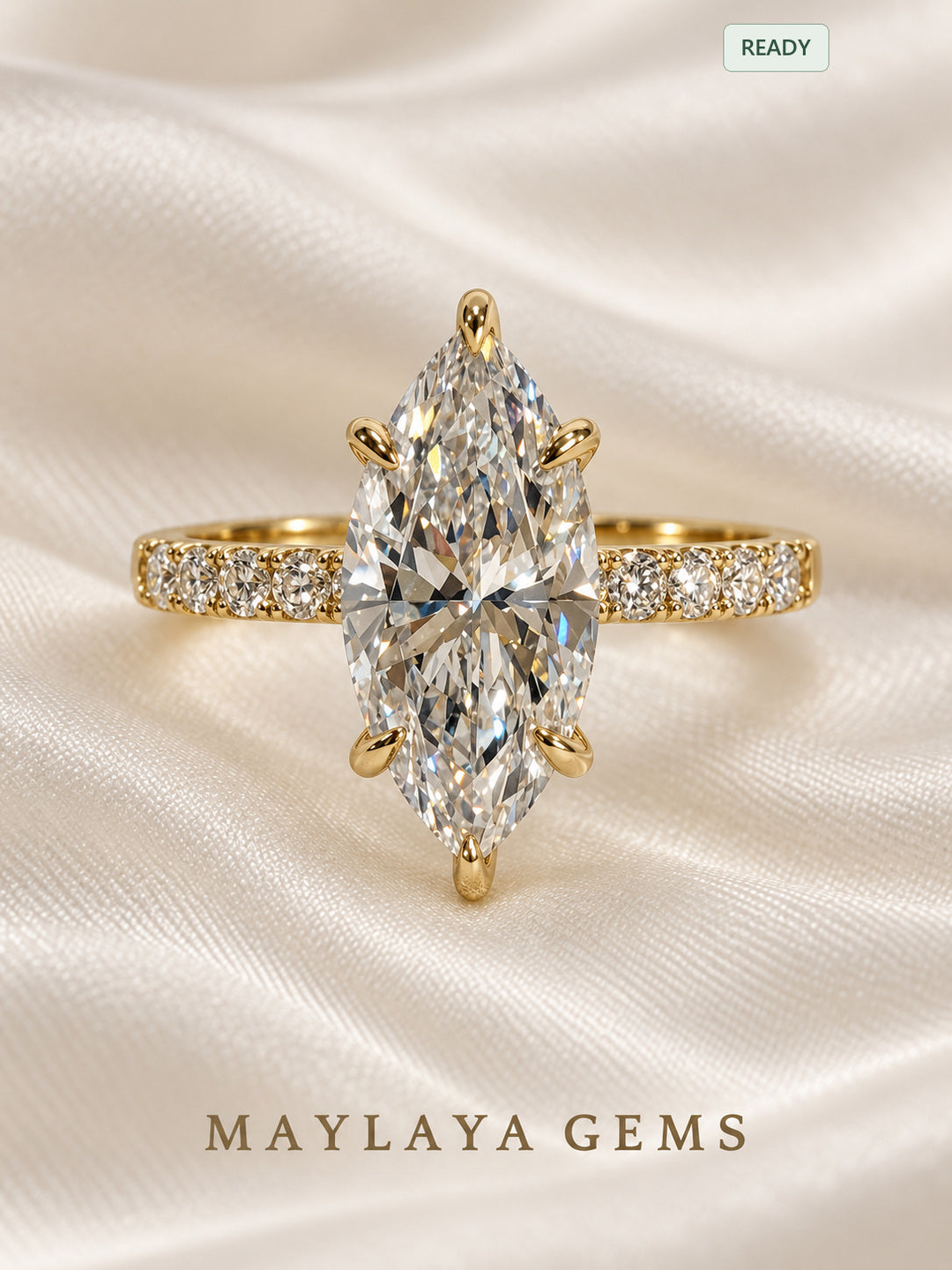 Maylaya Gems M185 — 4.09 ct marquise lab-grown diamond ring in 9K yellow gold, front view