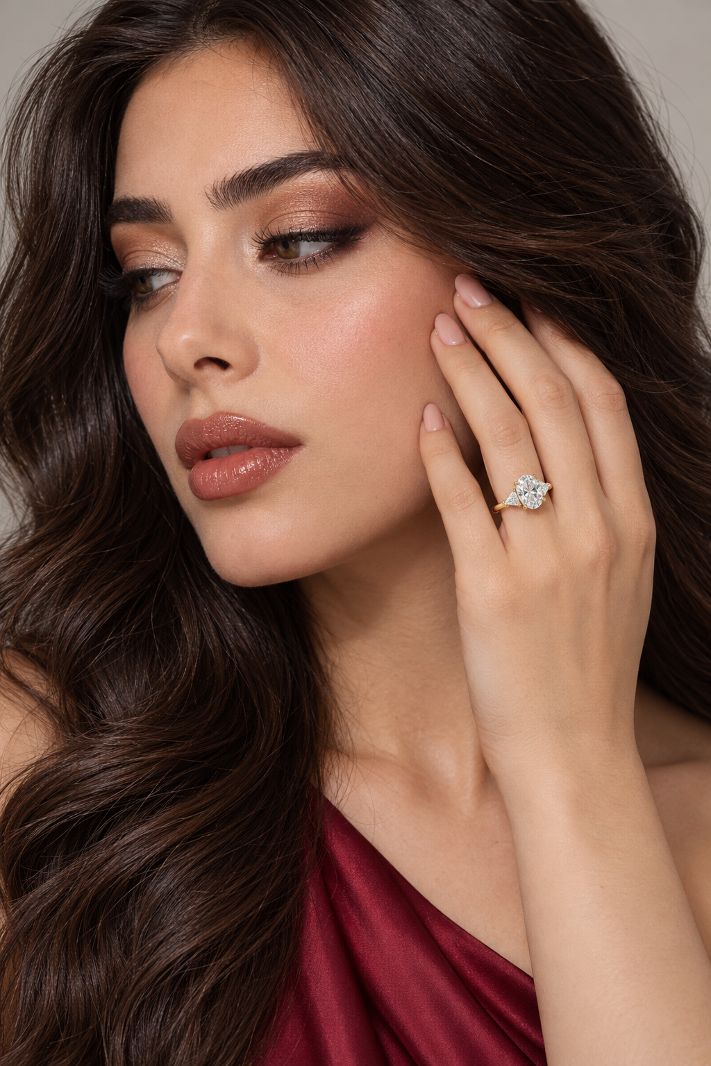 Maylaya Gems 1.3 ct Oval Trillion Trilogy Lab-Grown Diamond Ring — AI-generated young adult model in eveningwear / ภาพจำลองนางแบบสวมแหวนด้วย AI