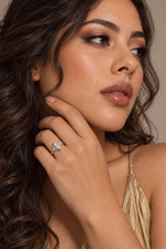 Load image into Gallery viewer, Maylaya Gems 1.3 ct Marquise Trillion Trilogy Lab-Grown Diamond Ring — AI-generated young adult model in eveningwear / ภาพจำลองนางแบบสวมแหวนด้วย AI
