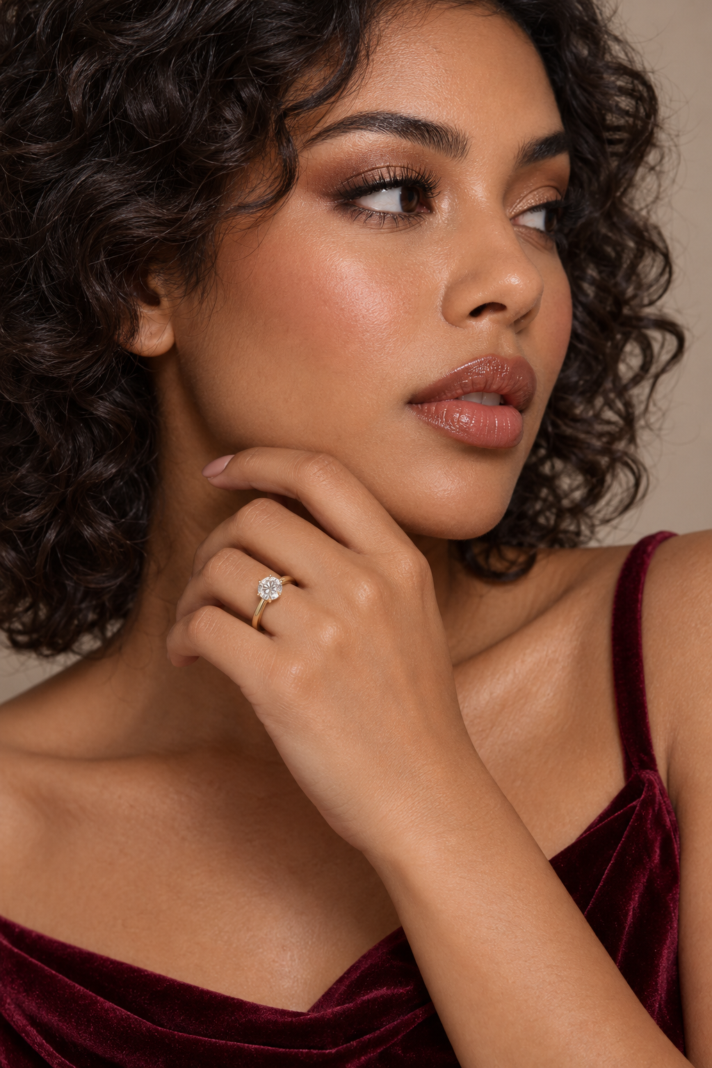 Maylaya Gems 0.65 ct Round Classic Solitaire Lab-Grown Diamond Ring — AI-generated young adult model in eveningwear / ภาพจำลองนางแบบสวมแหวนด้วย AI