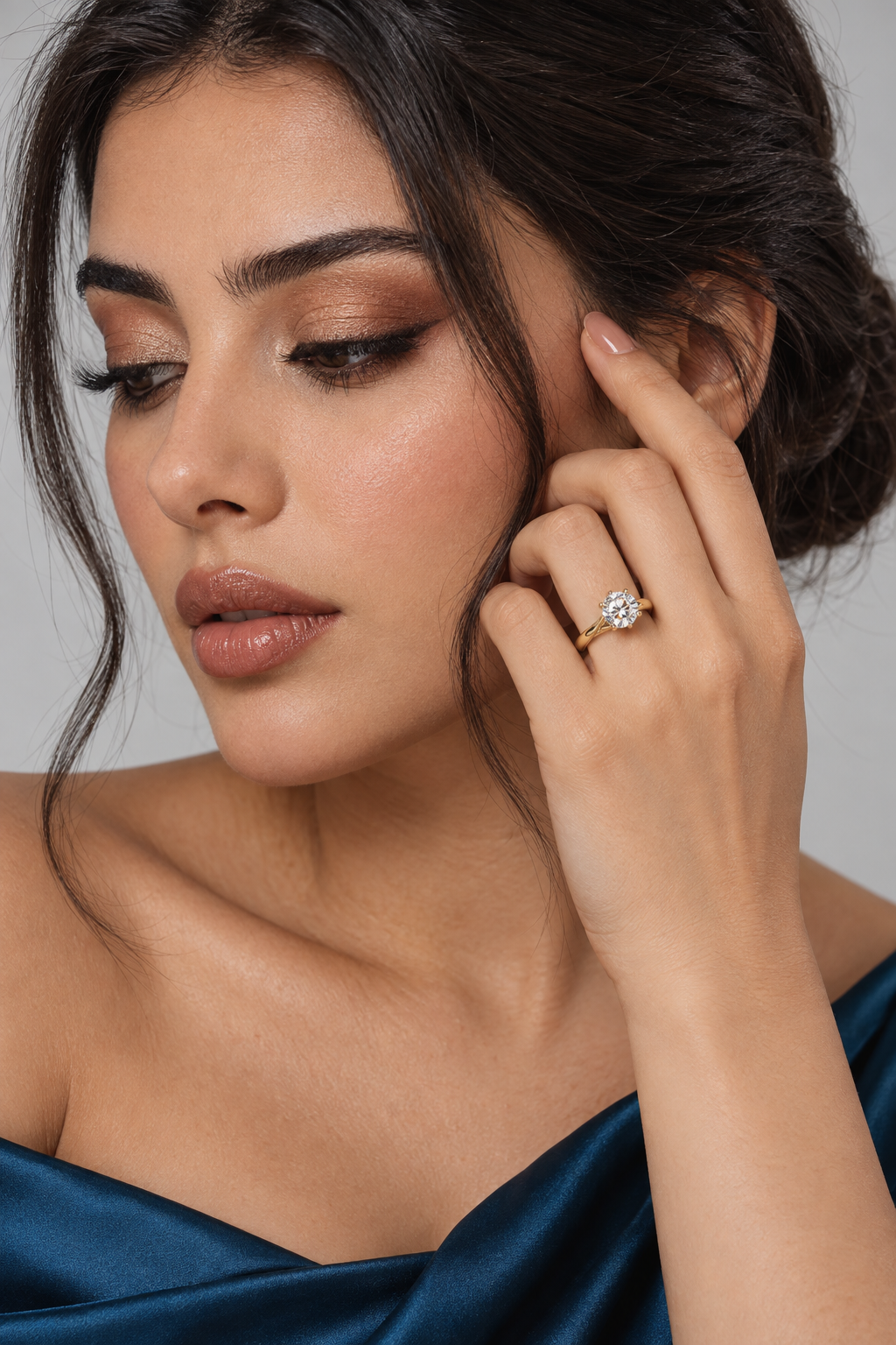 Maylaya Gems 1.5 ct Round Cathedral Solitaire Lab-Grown Diamond Ring — AI-generated young adult model in eveningwear / ภาพจำลองนางแบบสวมแหวนด้วย AI