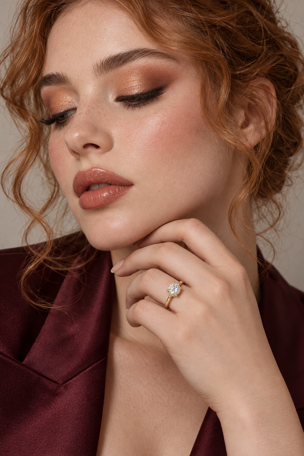 Maylaya Gems 1.236 ct Round Hidden Halo Lab-Grown Diamond Ring — AI-generated young adult model in eveningwear / ภาพจำลองนางแบบสวมแหวนด้วย AI