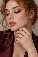 Load image into Gallery viewer, Maylaya Gems 1.236 ct Round Hidden Halo Lab-Grown Diamond Ring — AI-generated young adult model in eveningwear / ภาพจำลองนางแบบสวมแหวนด้วย AI
