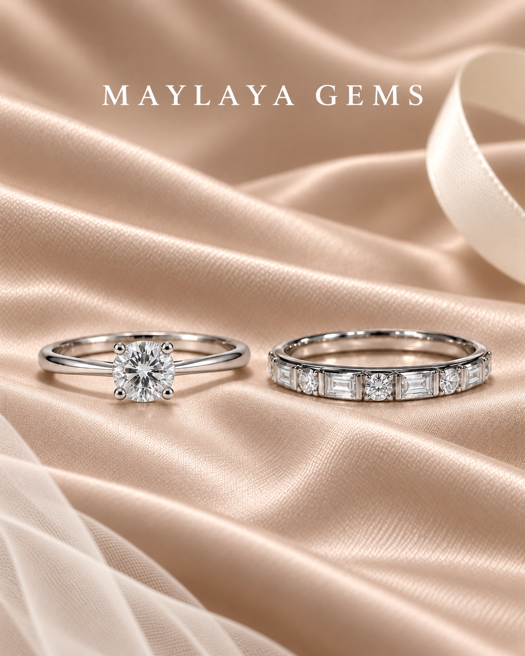 Maylaya Gems MG-SP-02 couple rings on light-brown bridal satin with white logo