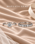 Load image into Gallery viewer, Maylaya Gems MG-SP-02 couple rings on light-brown bridal satin with white logo
