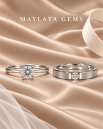 Load image into Gallery viewer, Maylaya Gems MG-SP-03 couple rings on light-brown bridal satin with white logo
