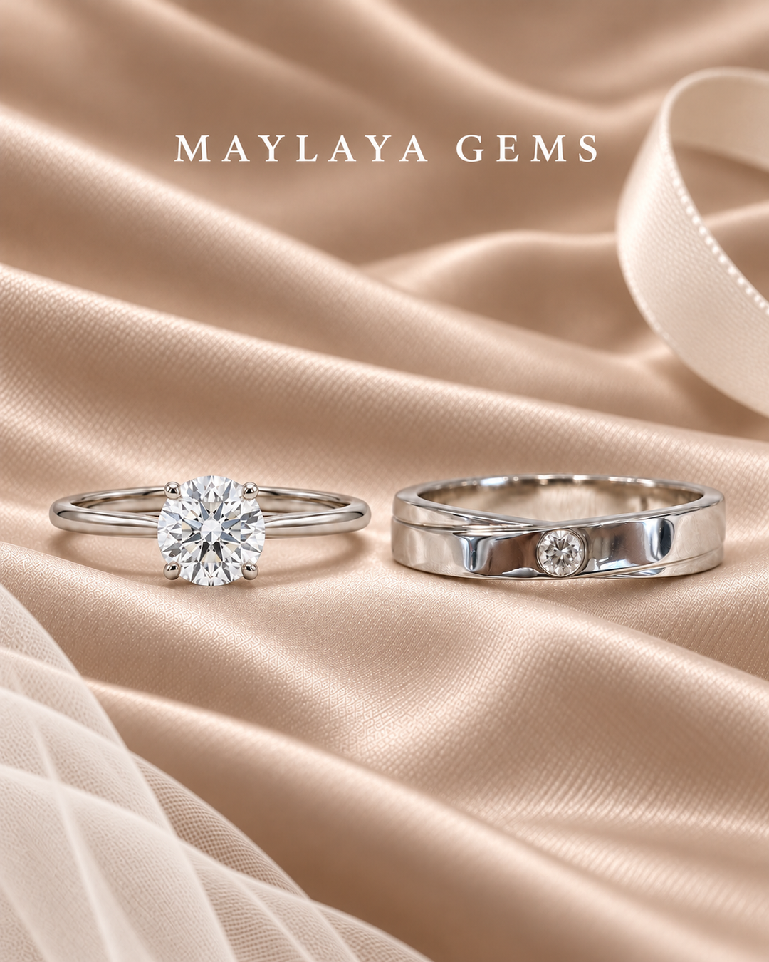 Maylaya Gems MG-SP-04 couple rings on light-brown bridal satin with white logo