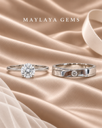 Load image into Gallery viewer, Maylaya Gems MG-SP-04 couple rings on light-brown bridal satin with white logo

