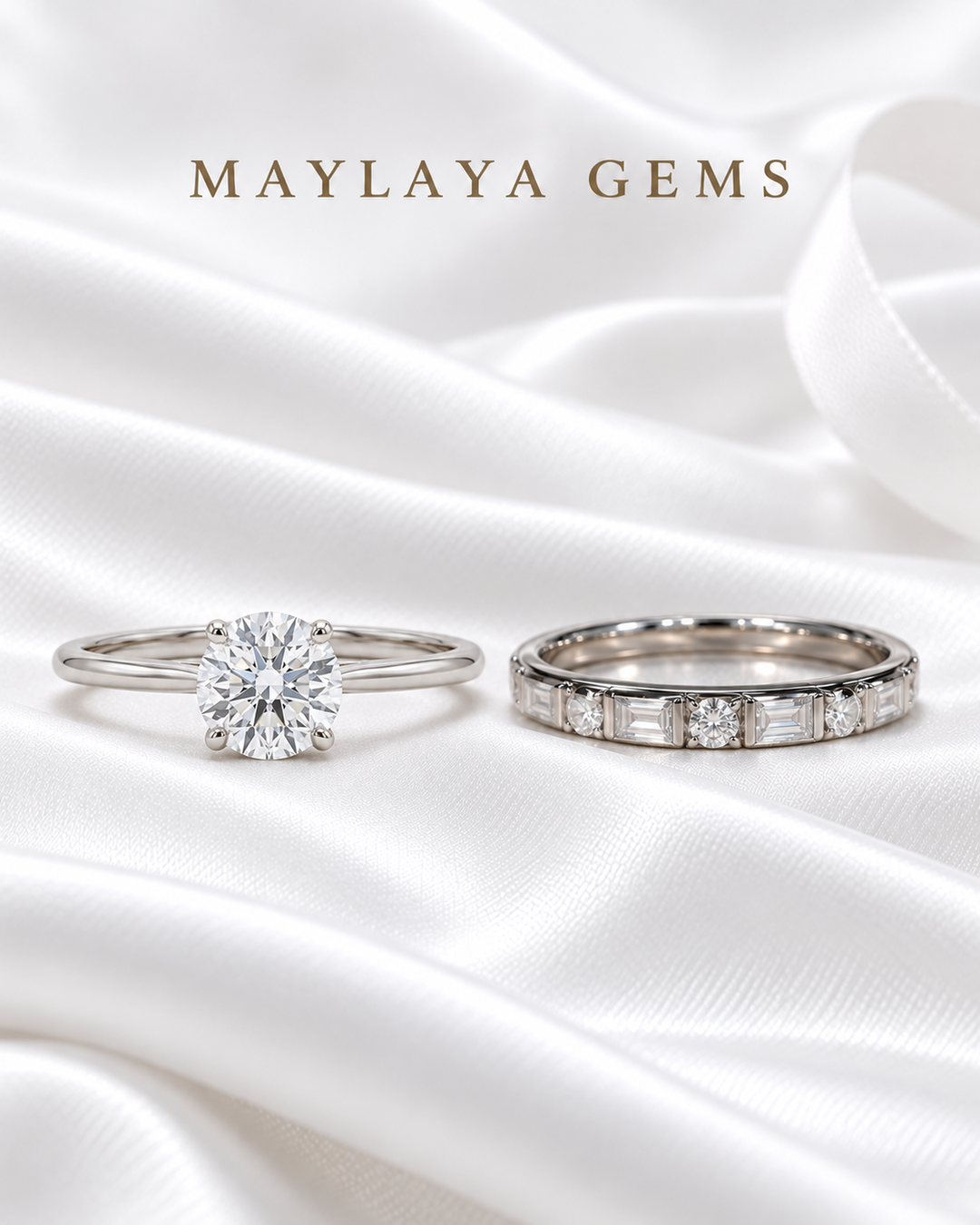 Golden Devotion — Maylaya Gems 0.32 ct solitaire and F008 men's ring together on white wedding satin
