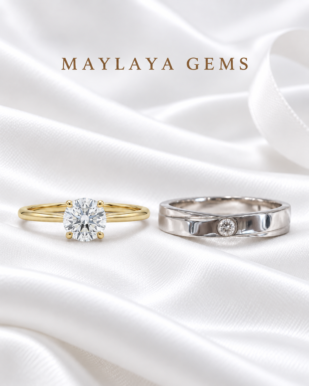 Forever Promise — Maylaya Gems 0.31 ct solitaire and F006 men's ring together on white wedding satin