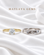Load image into Gallery viewer, Forever Promise — Maylaya Gems 0.31 ct solitaire and F006 men's ring together on white wedding satin

