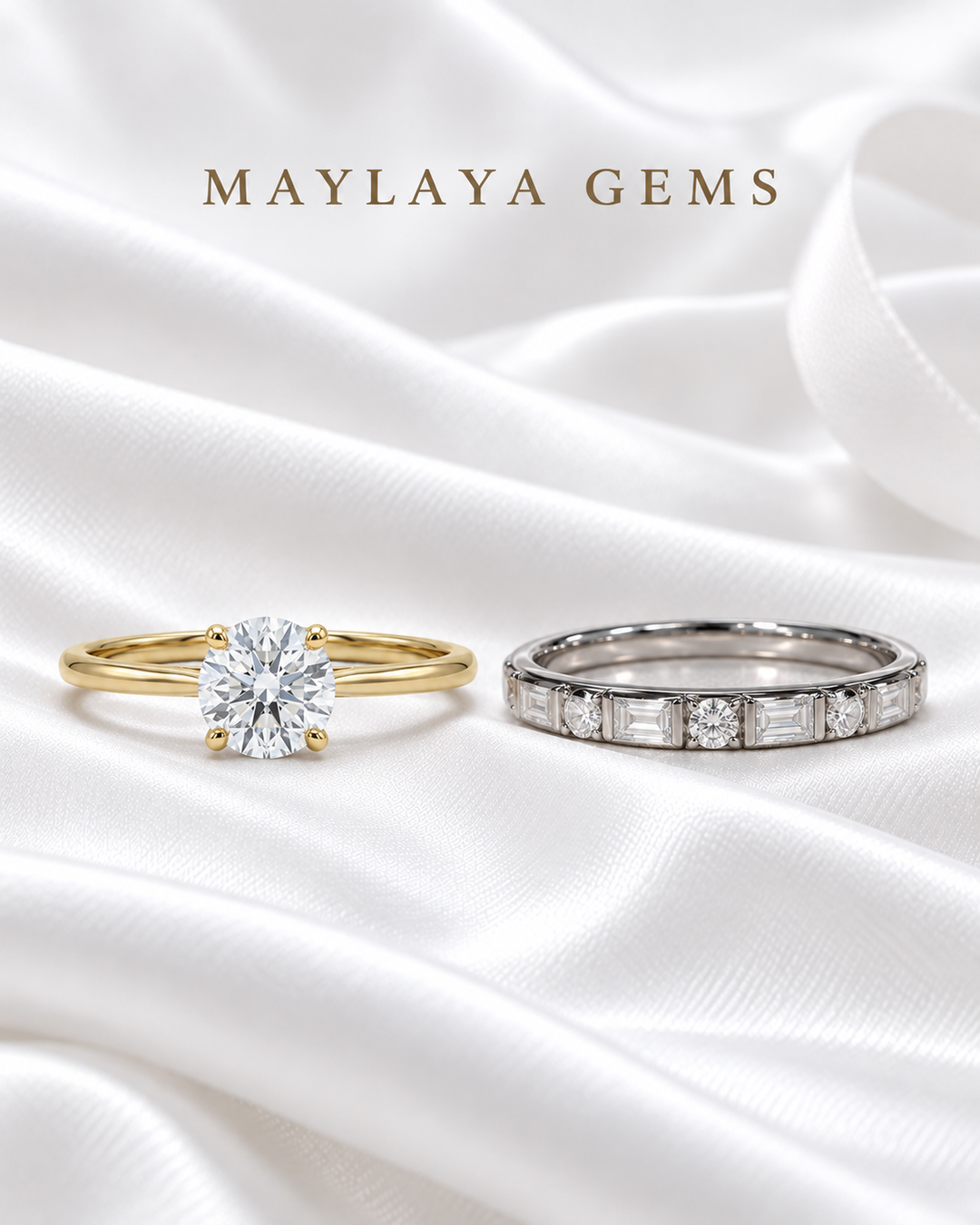 Forever Devotion — Maylaya Gems 0.31 ct solitaire and F008 men's ring together on white wedding satin
