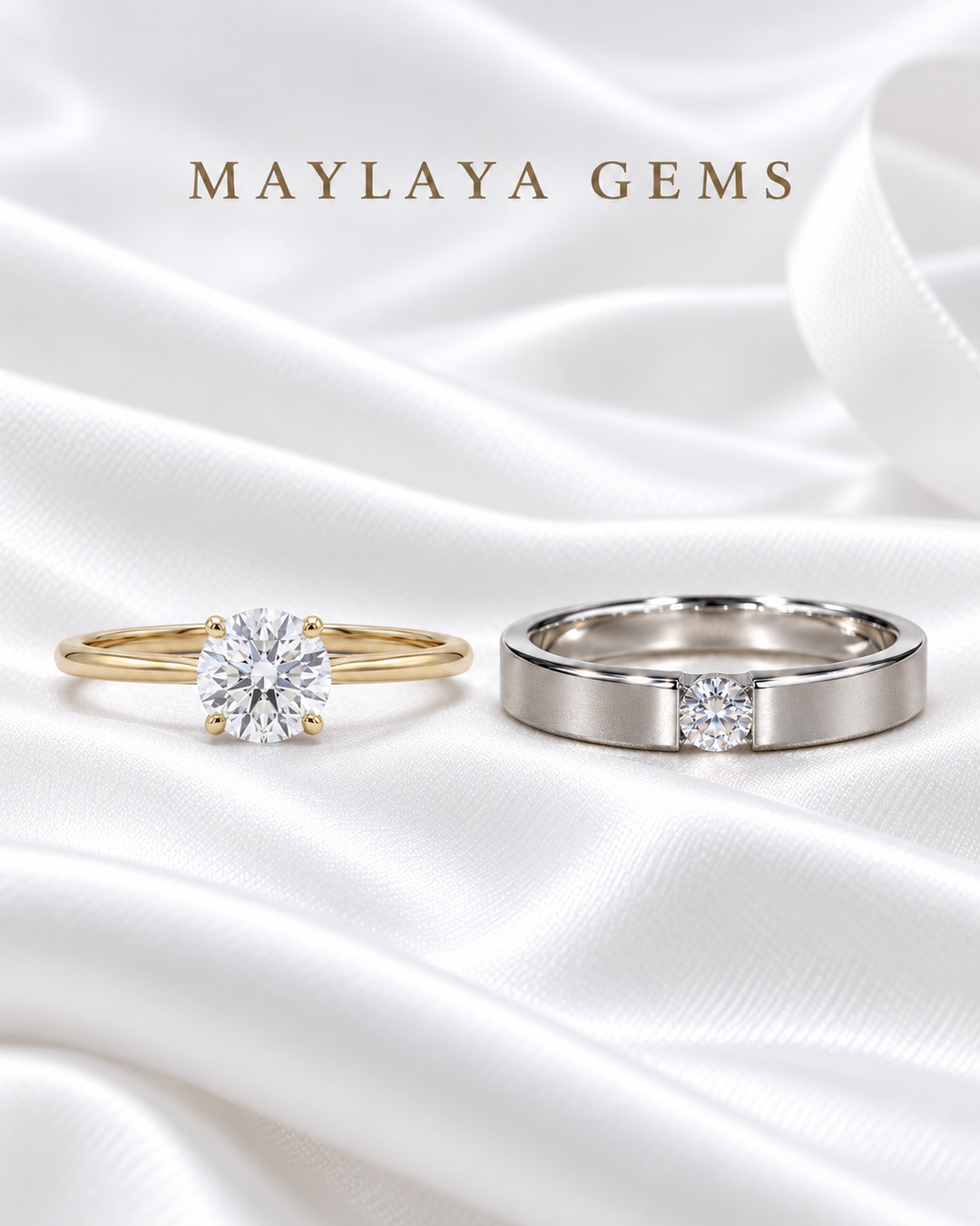 Forever Vows — Maylaya Gems 0.31 ct solitaire and F009 men's ring together on white wedding satin