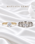 Load image into Gallery viewer, Forever Vows — Maylaya Gems 0.31 ct solitaire and F009 men's ring together on white wedding satin
