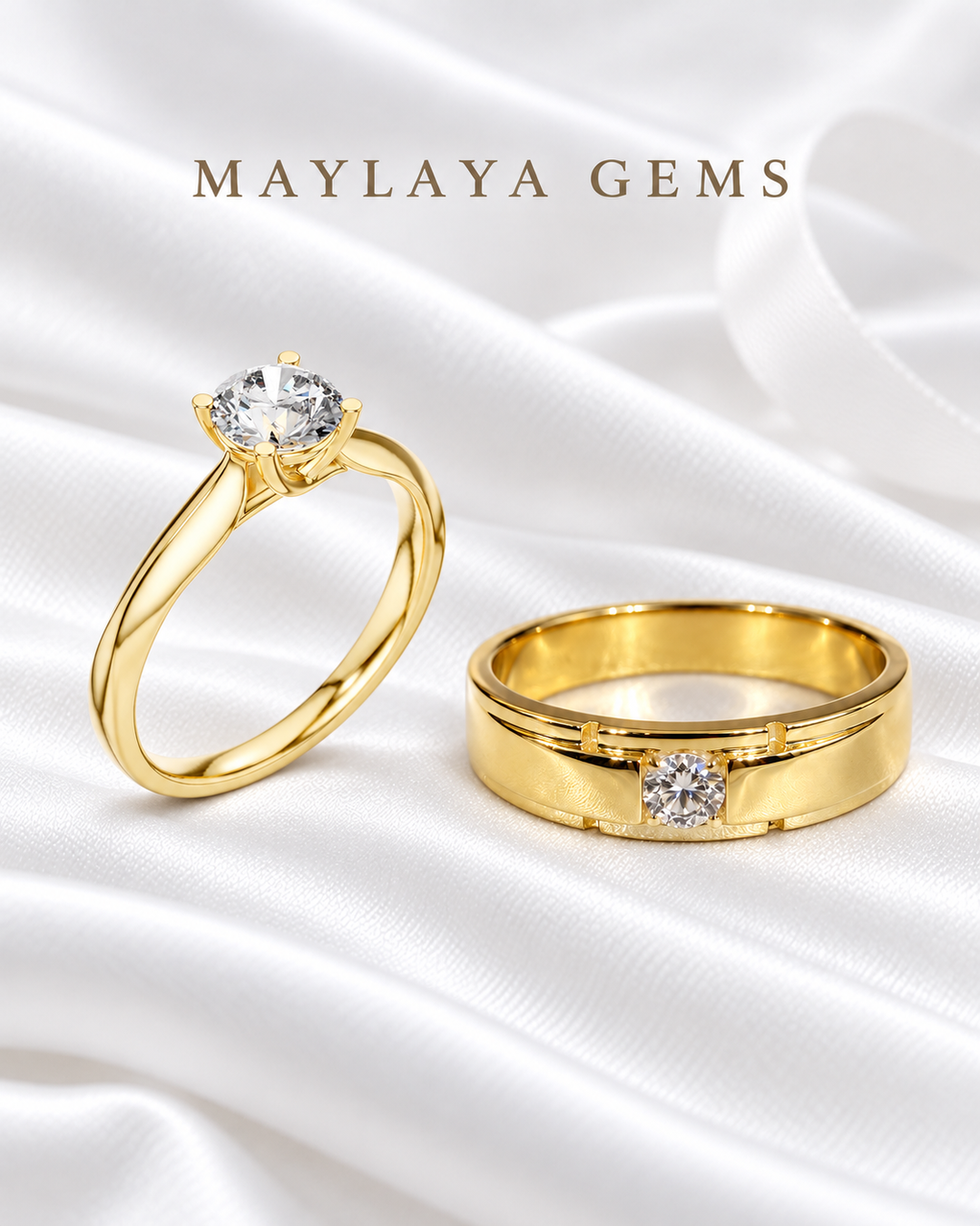 Classic Wedding — Maylaya Gems 0.65 ct solitaire and F012 men's ring together on white wedding satin