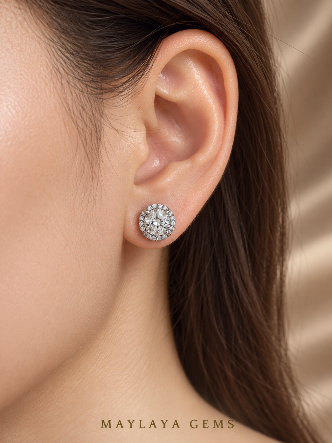 Maylaya Gems MGE3 earrings worn on a model's ear