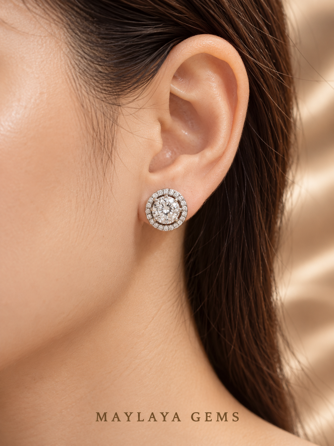 Maylaya Gems MGE4 earrings worn on a model's ear