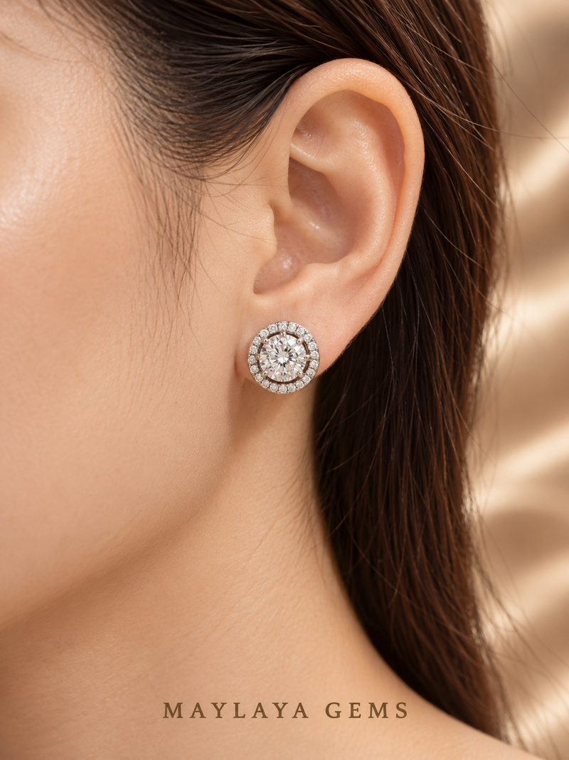 Maylaya Gems MGE4 earrings worn on a model's ear