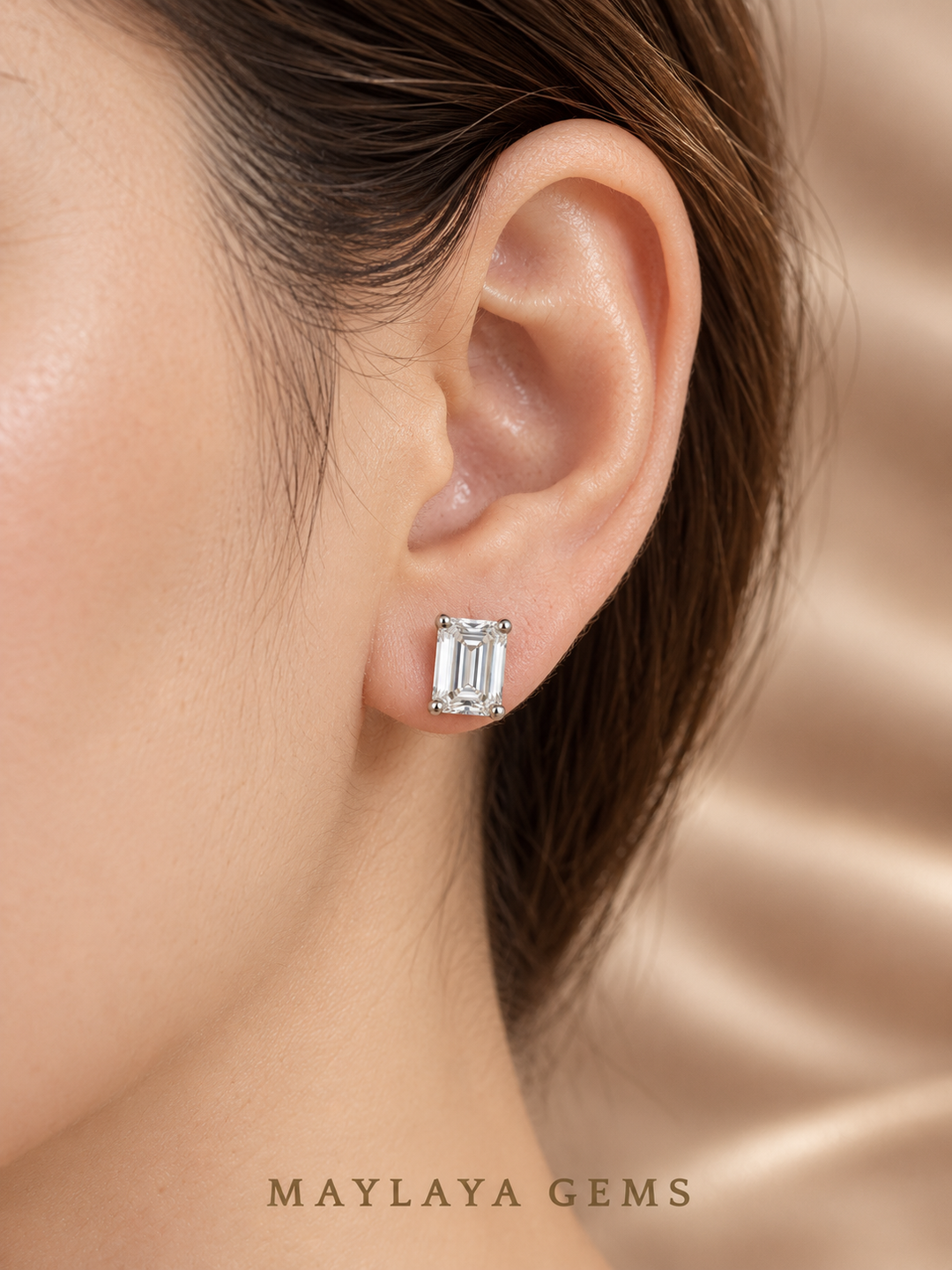 Maylaya Gems MGE6 earrings worn on a model's ear