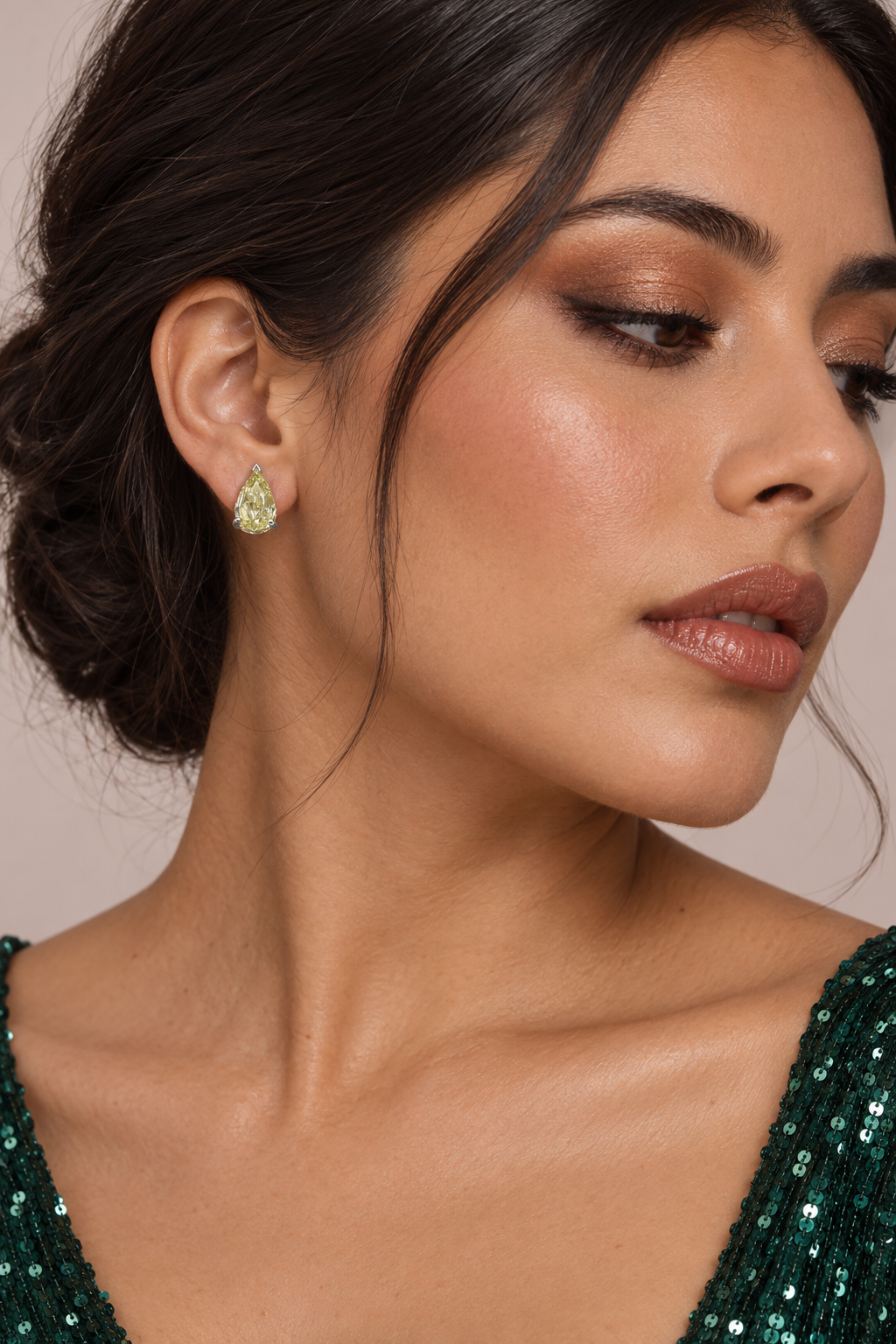 Maylaya Gems 9K Gold 3.04/3.03 ct Pear Lab-Grown Diamond Earrings — Stk id-129 — AI-generated young adult model in eveningwear / ภาพจำลองนางแบบสวมเครื่องประดับด้วย AI