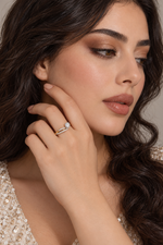 Load image into Gallery viewer, Maylaya Gems Yellow Gold 9K Round 1.09ct Lab-Grown Diamond Halo Ring — M023 — AI-generated young adult model in eveningwear / ภาพจำลองนางแบบสวมเครื่องประดับด้วย AI
