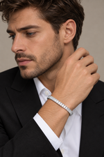 Load image into Gallery viewer, Maylaya Gems 3.46 ct Baguette Lab-Grown Diamond Men's Bracelet — AI-generated adult male model in tailored eveningwear / ภาพจำลองนายแบบสวมเครื่องประดับด้วย AI

