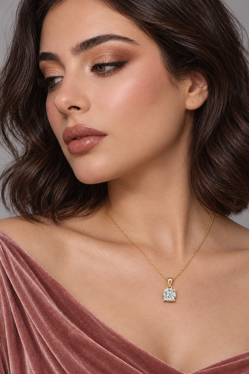 Maylaya Gems 1 ct Round Lab-Grown Diamond Pendant — AI-generated young adult model in eveningwear / ภาพจำลองนางแบบสวมเครื่องประดับด้วย AI