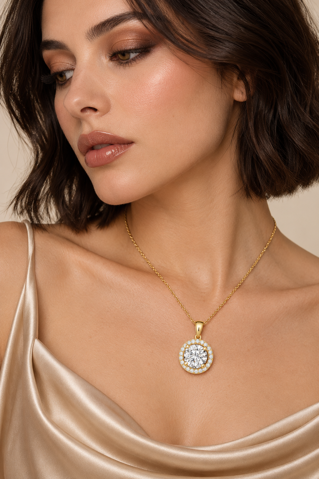 Maylaya Gems 3.22 ct Round Lab-Grown Diamond Pendant — AI-generated young adult model in eveningwear / ภาพจำลองนางแบบสวมเครื่องประดับด้วย AI