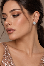 Load image into Gallery viewer, Maylaya Gems 9K Gold 1.5 ct Round Lab-Grown Diamond Earrings — MGE4 — AI-generated young adult model in eveningwear / ภาพจำลองนางแบบสวมเครื่องประดับด้วย AI
