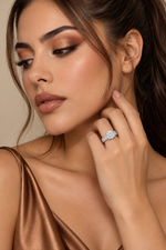 Load image into Gallery viewer, Maylaya Gems White Gold 9K Round 1.53ct Lab-Grown Diamond Halo Ring — M024 — AI-generated young adult model in eveningwear / ภาพจำลองนางแบบสวมเครื่องประดับด้วย AI

